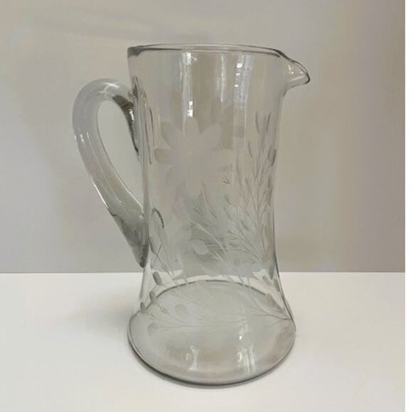 Vintage Tiffin Glass, Etched Floral & Stem, Cut Stem, Tall Glass Pitcher (1930s) - Picture 1 of 7